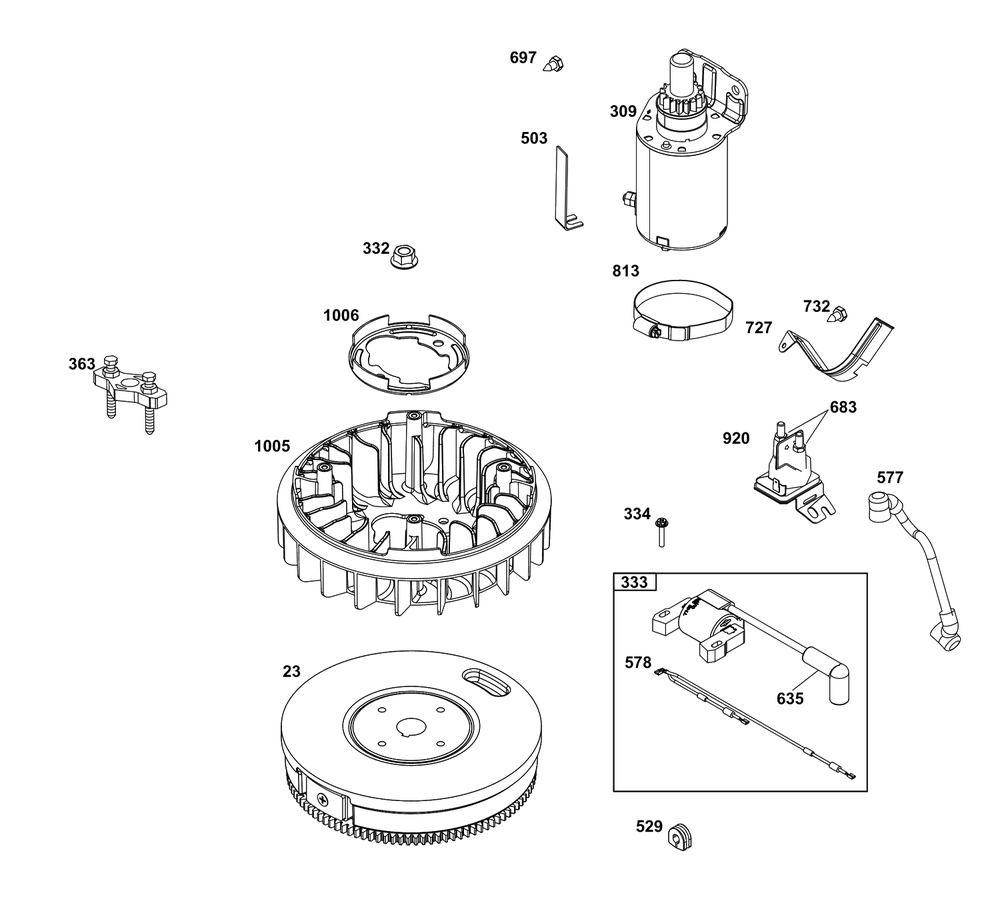 Flywheel, Ignition, And Starter Group Diagram and Parts List for 389447-1215-E1  Briggs and Stratton Engine